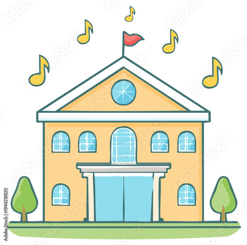 Cartoon Illustration of a School Building and Musical Notes Floating Above, with Trees