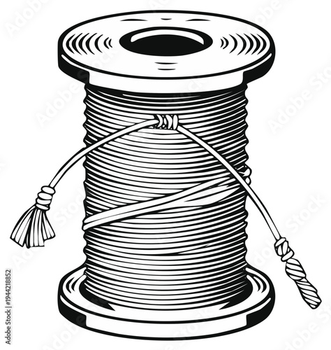 Line Art of a Spool of Thread with Thread Ends Exposed Sewing Craft Tool
