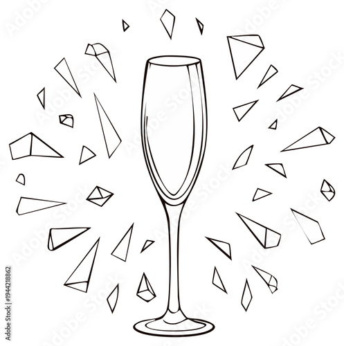Line art illustration of a champagne flute with exploding glass shards