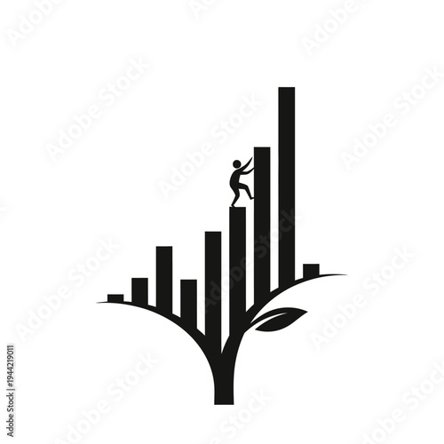 Business growth concept: silhouette of person climbing bar chart resembling tree