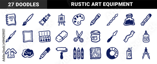 Hand-drawn art supplies and studio equipment for creative branding. Rustic naive marker sketch illustrations featuring painting and craft tools.