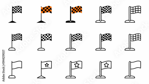 A set of various racing flags and checkered flags on poles in a flat, minimalist design style.