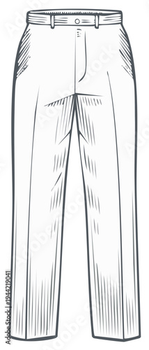 Stylized line art illustration of tailored trousers with a button closure and belt loops