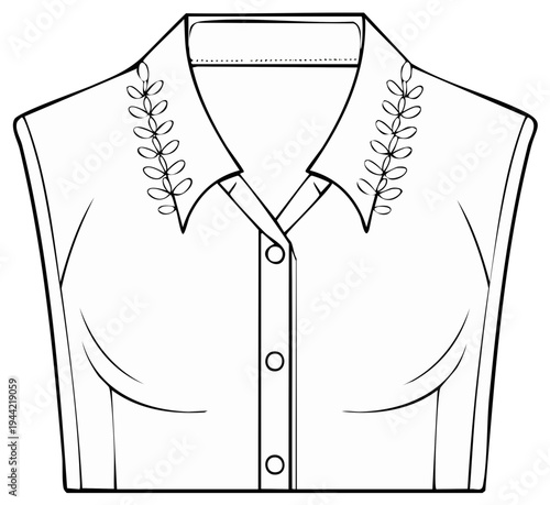 Fashion illustration of a sleeveless blouse with collar and decorative elements