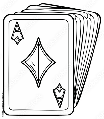 Hand-drawn ace of diamonds illustration with stack of playing cards, leisure game symbol, and gambling concept