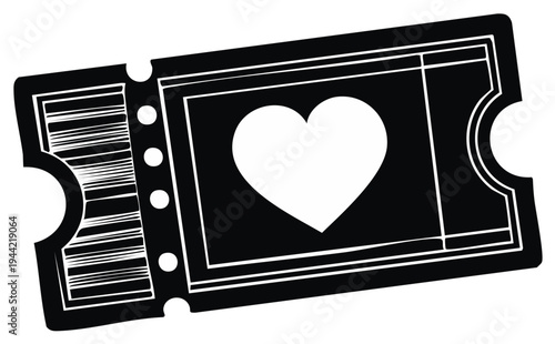 Black and white ticket with a heart symbol and barcode