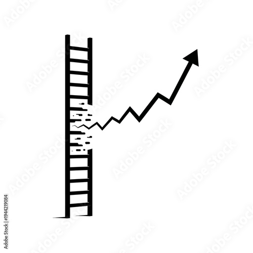 Broken ladder leads to upward growth arrow, symbolizing overcoming obstacles for success.