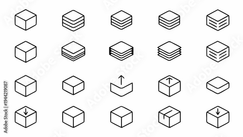 A set of cube icons in a minimalist line art style for use in graphic design or digital applications