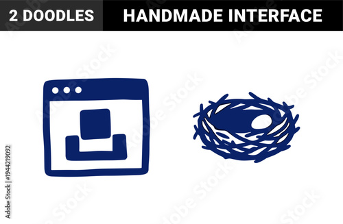 Hand-drawn bird nest and website browser window for organic branding. Rustic naive marker sketch illustrations featuring nature and digital interface concepts.