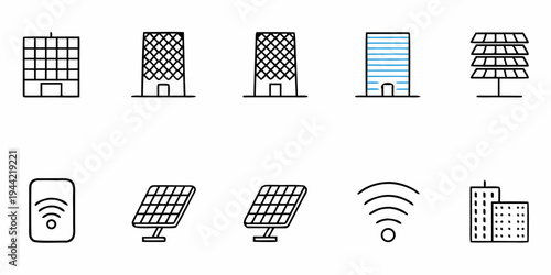 A set of vector icons depicting modern buildings and solar panels with wireless connectivity symbols