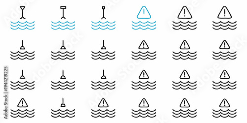 A set of vector icons depicting warning signs and buoys in the water
