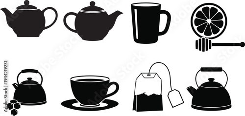 Vector illustration set of kitchen utensils, tools, and coffee cups featuring black silhouette icons of hot espresso mugs, cafe beverage symbols, and breakfast saucers for kitchen design
