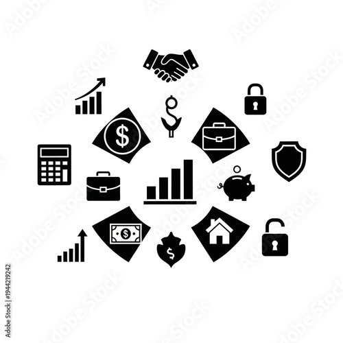 Business and Finance Icons: Growth, Security, Investment, and Savings