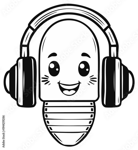 Cartoon microphone character wearing headphones smiling happily