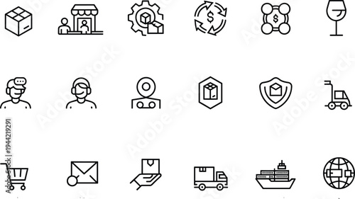 logistics, delivery, shipping, ecommerce, package, warehouse, transport, cargo, courier, distribution, business, supply, chain, line, icon, set, outline, vector, collection, service