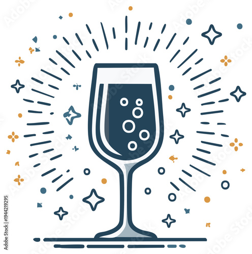 Sparkling champagne glass illustration with starburst and stars.
