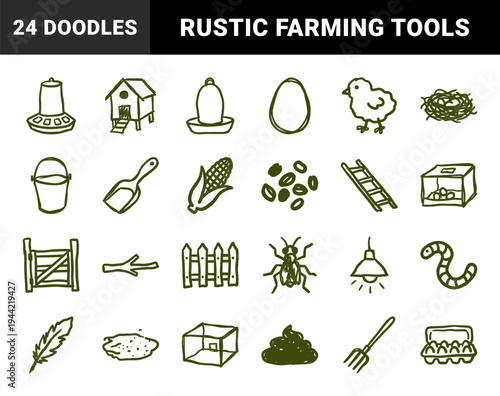 Hand-drawn chicken farming and poultry elements for organic agriculture. Rustic, naive marker sketch illustrations of farm life.