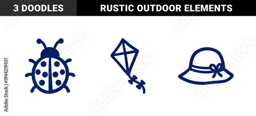 Hand-drawn spring and summer outdoor elements for organic brand identity. Rustic naive marker sketch featuring ladybug kite and sun hat.