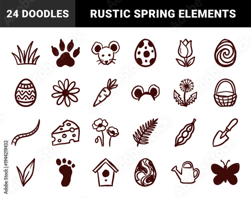 Hand-drawn spring garden and Easter elements for organic brand identity. Rustic, naive marker sketch illustrations featuring seasonal nature concepts.