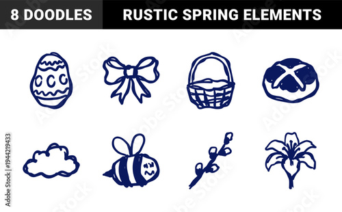 Hand-drawn Easter and spring seasonal elements with naive marker doodle aesthetic. Rustic blue ink sketches of eggs, flowers, and hot cross buns.