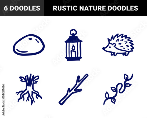 Hand-drawn rustic nature and folklore elements for organic brand identity. Naive marker sketch illustrations featuring hedgehog, lantern, and woodland motifs.