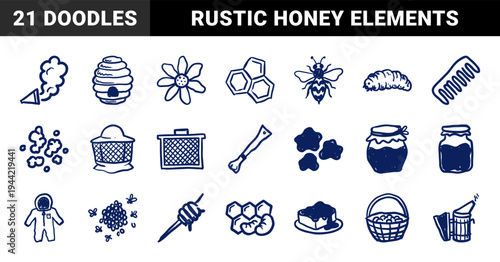 Hand-drawn beekeeping and honey production elements in a naive doodle style. Rustic marker sketch illustrations for organic apiary branding and nature labels.