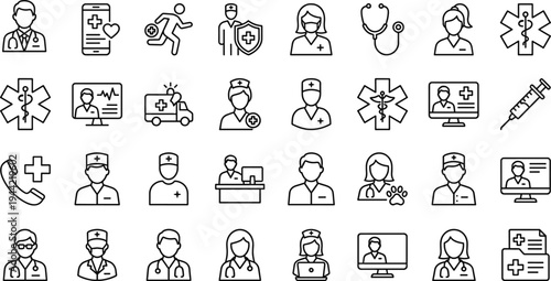 Medical healthcare line icons set, doctors nurses ambulance telemedicine stethoscope syringe hospital emergency health app outline vector collection clinic medicine