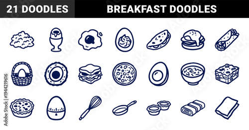 Hand-drawn breakfast and egg cooking elements for rustic cafe branding. Naive marker sketch illustrations featuring culinary morning meal concepts.