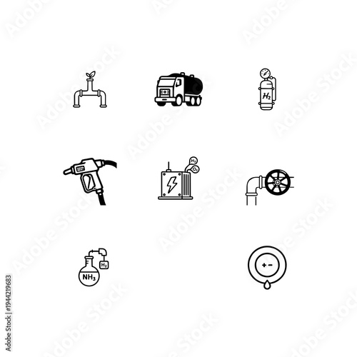 Hydrogen energy logistics and green $H_2$ transport linear icon set, liquid hydrogen storage, fuel cell infrastructure and cryo-tanker vector symbols