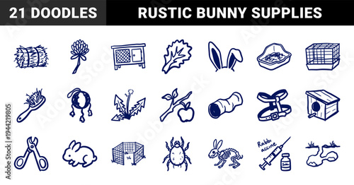 Hand-drawn rabbit care and bunny lifestyle elements for organic pet branding. Rustic, naive marker sketch illustrations of rabbit supplies.