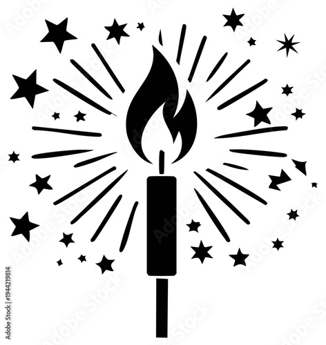 Celebration Sparkler with Stars Black and White Festive Vector Design Element