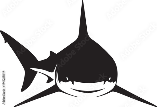 Black silhouette of a hammerhead shark with sharp fins and teeth