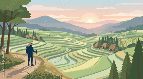 A hiker with a hat and backpack walks on a trail through vibrant green rice terraces, houses, and mountains during sunset in a stylized, illustrated landscape.