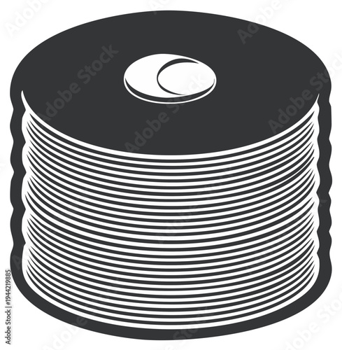 A spool of black thread wound tightly with thin white lines creating a textured cylindrical shape