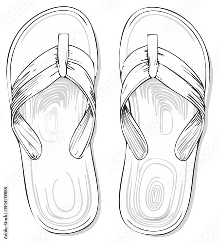 Line art illustration of pair of beach flip flops summer footwear