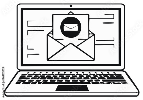 Laptop Computer Screen Depicting an Envelope Icon and Message Notification, Black and White Graphic.