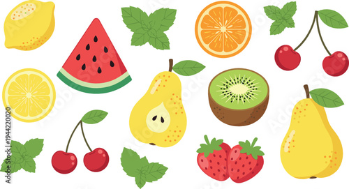 Fresh summer fruits vector set with watermelon, pear, strawberry, cherry, orange, kiwi and lemon colorful food illustration