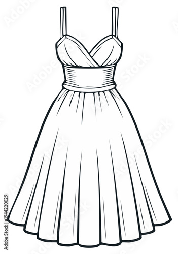 Elegant women's vintage style cocktail dress line art drawing illustration