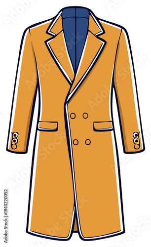 Stylish orange overcoat, long sleeved, four buttons, blue interior, vector illustration