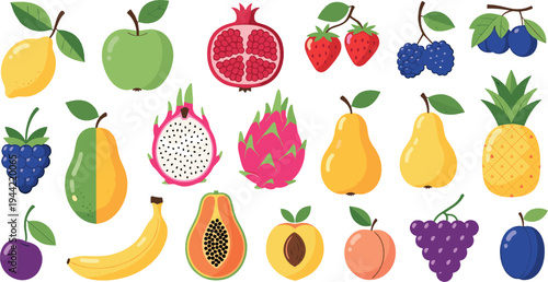 Fresh tropical and garden fruits vector set with apple, banana, pineapple, papaya, dragon fruit, berries and citrus colorful food illustration