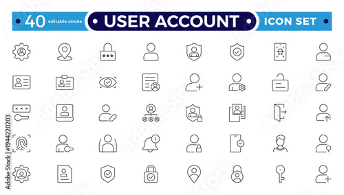 User account outline icon set. Containing profile, password, login, username, avatar, connect, add friend, and more. Outline vector icons collection. Editable stroke outline icon.
