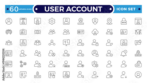 User account outline icon set. Containing profile, password, login, username, avatar, connect, add friend, and more. Outline vector icons collection. Editable stroke outline icon.
