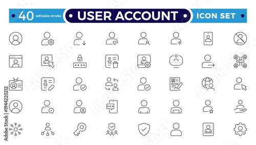 User account outline icon set. Containing profile, password, login, username, avatar, connect, add friend, and more. Outline vector icons collection. Editable stroke outline icon.
