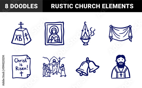 Orthodox Easter celebration elements in a naive marker sketch style. Rustic hand-drawn church symbols for traditional religious holiday branding.