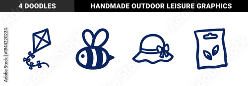 Hand-drawn spring and garden elements in a rustic marker sketch style. Naive bumblebee, kite, sun hat, and seed packet for organic branding.