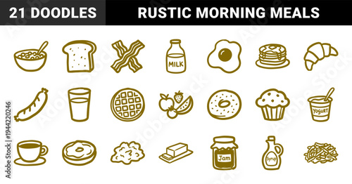 Hand-drawn breakfast and brunch food elements for cafe branding. Rustic naive marker sketch illustrations featuring morning meal concepts.