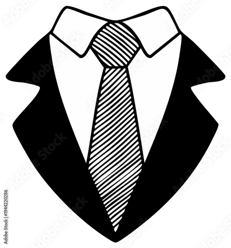 Simple Black Suit Jacket with Striped Tie and White Shirt Collar Outline Drawing