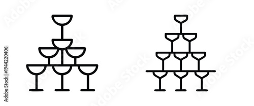 Champagne glass pyramid and wine tower outline icon set featuring celebration toast for wedding party and more vector illustration or editable stroke