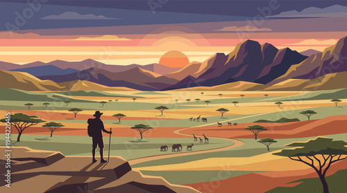 Silhouette of a hiker admiring the vast African landscape at sunset, observing elephants, giraffes, and antelopes roaming among acacia trees under a warm, colorful sky.