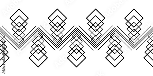 Abstract seamless border of black squares and direct lines. Geometric intricate serrated pattern. Complicated texture background. Clear ornament of squares. Monochrome minimalist black design